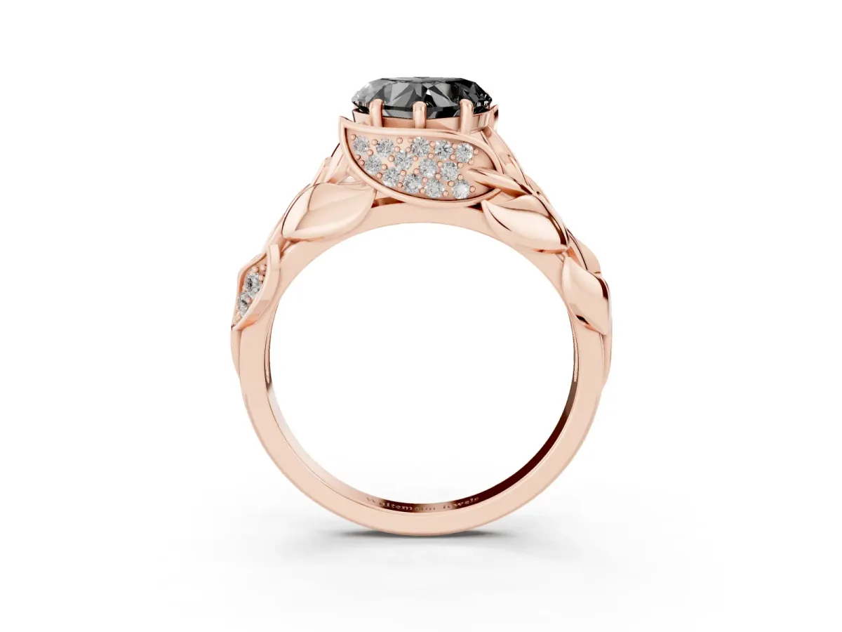 Fancy Black Heart Cut Diamond Leaf-Inspired Engagement Ring with Round Accents and Prong Setting Rose gold