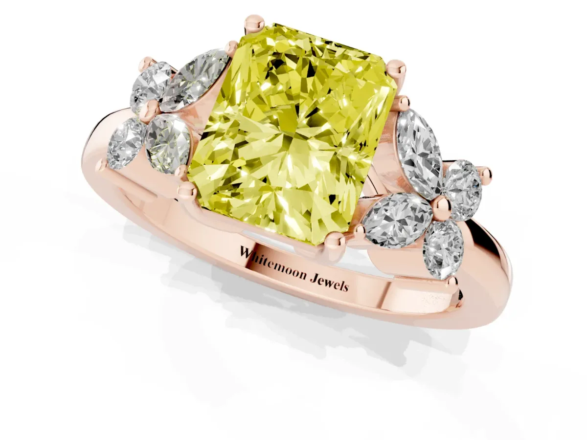 Fancy Yellow Radiant Cut Diamond Floral Cluster Ring with Solitaire Band and Prong Setting Rose gold