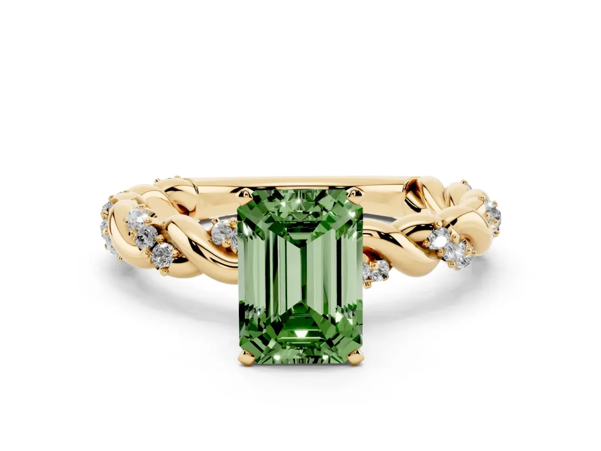 Fancy Green Emerald Cut Diamond Solitaire Ring with Twisted Band and Pavé Accents Yellow gold