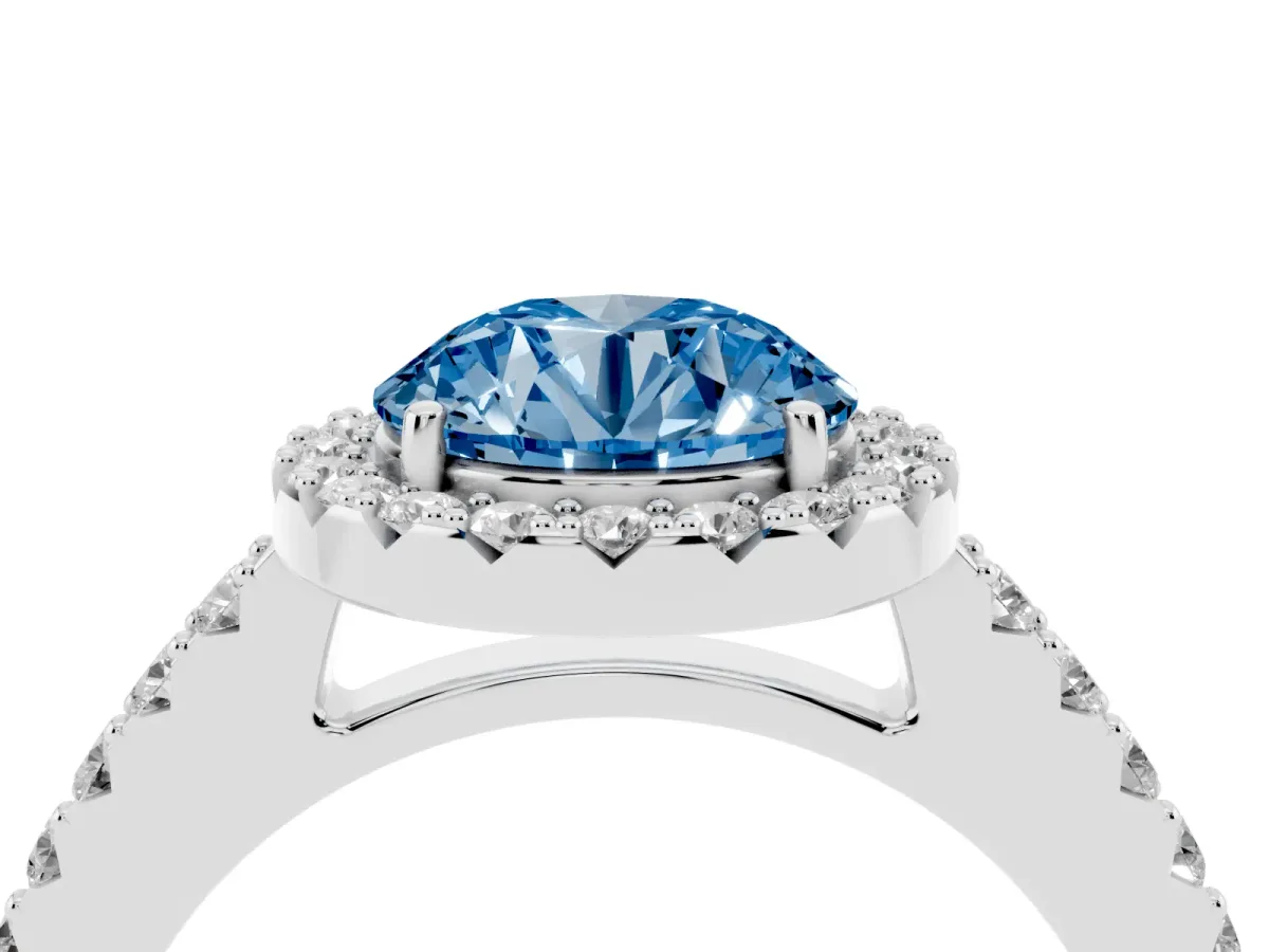 Fancy Blue Round Cut Halo Diamond Pavé Solitaire Ring Platinum
