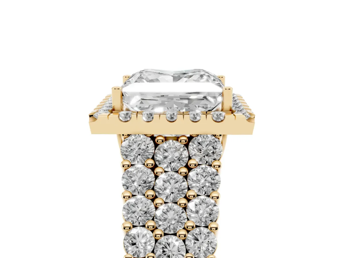 Princess Cut Diamond Halo Engagement Ring with Triple Row Round Pavé Band and Prong Setting Yellow gold