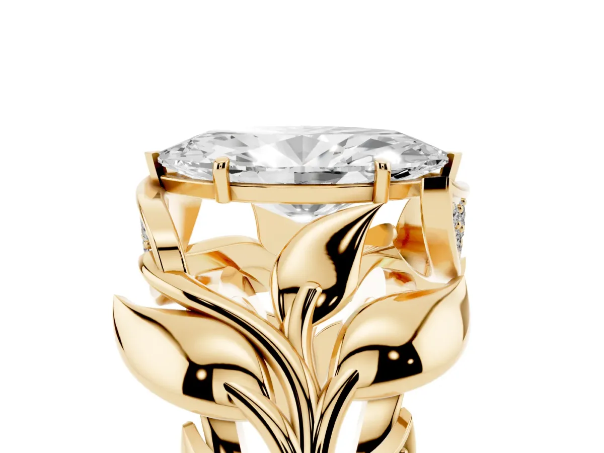 Marquise Cut Diamond Leaf-Inspired Engagement Ring with Round Accents and Prong Setting Yellow gold