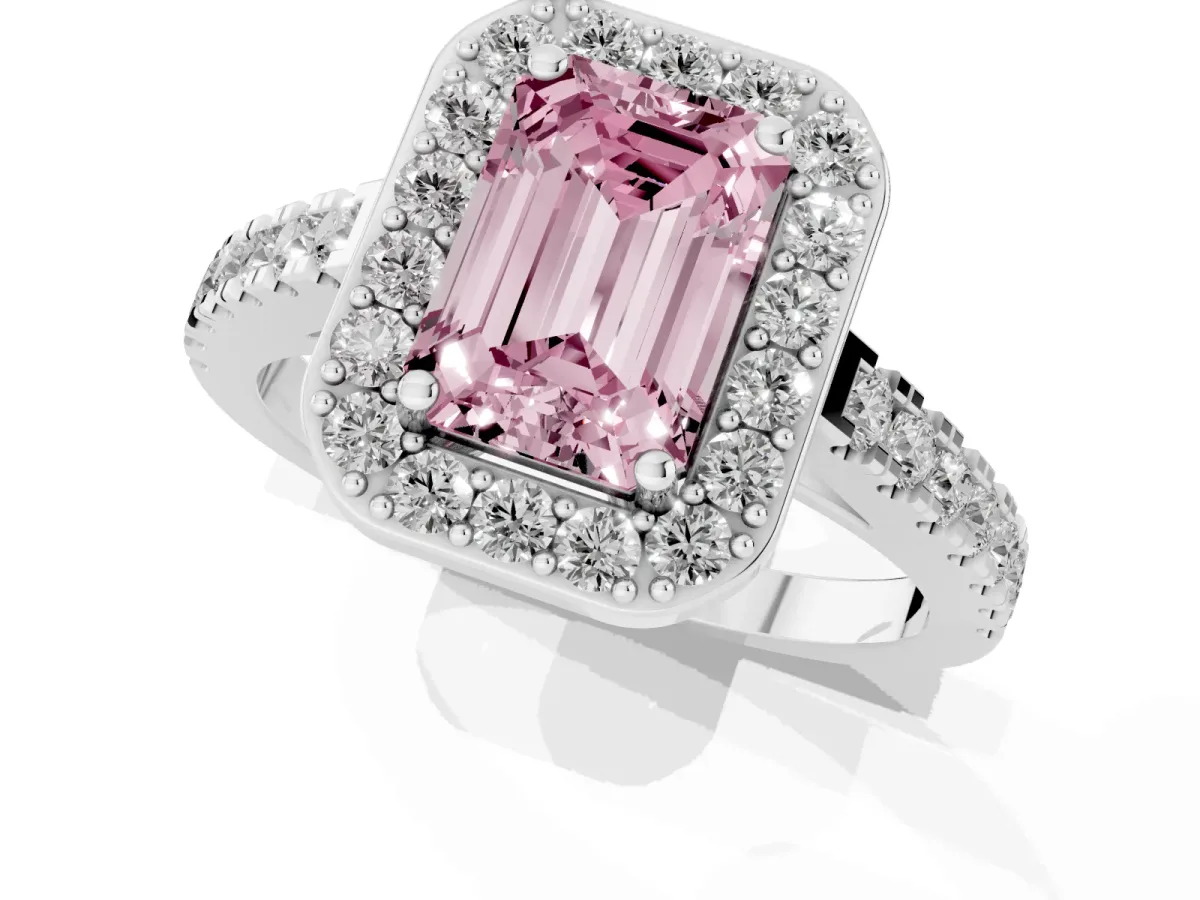 Fancy Pink Emerald Cut Diamond Halo Ring with Round Pavé Split Shank and Prong Setting Platinum