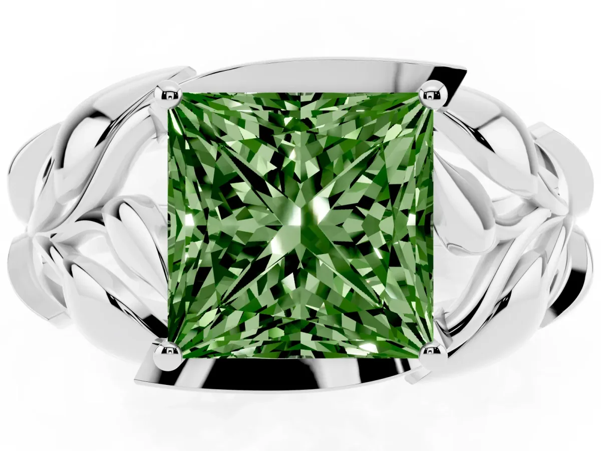 Fancy Green Princess Cut Diamond Leaf-Inspired Engagement Ring with Round Accents and Prong Setting White gold