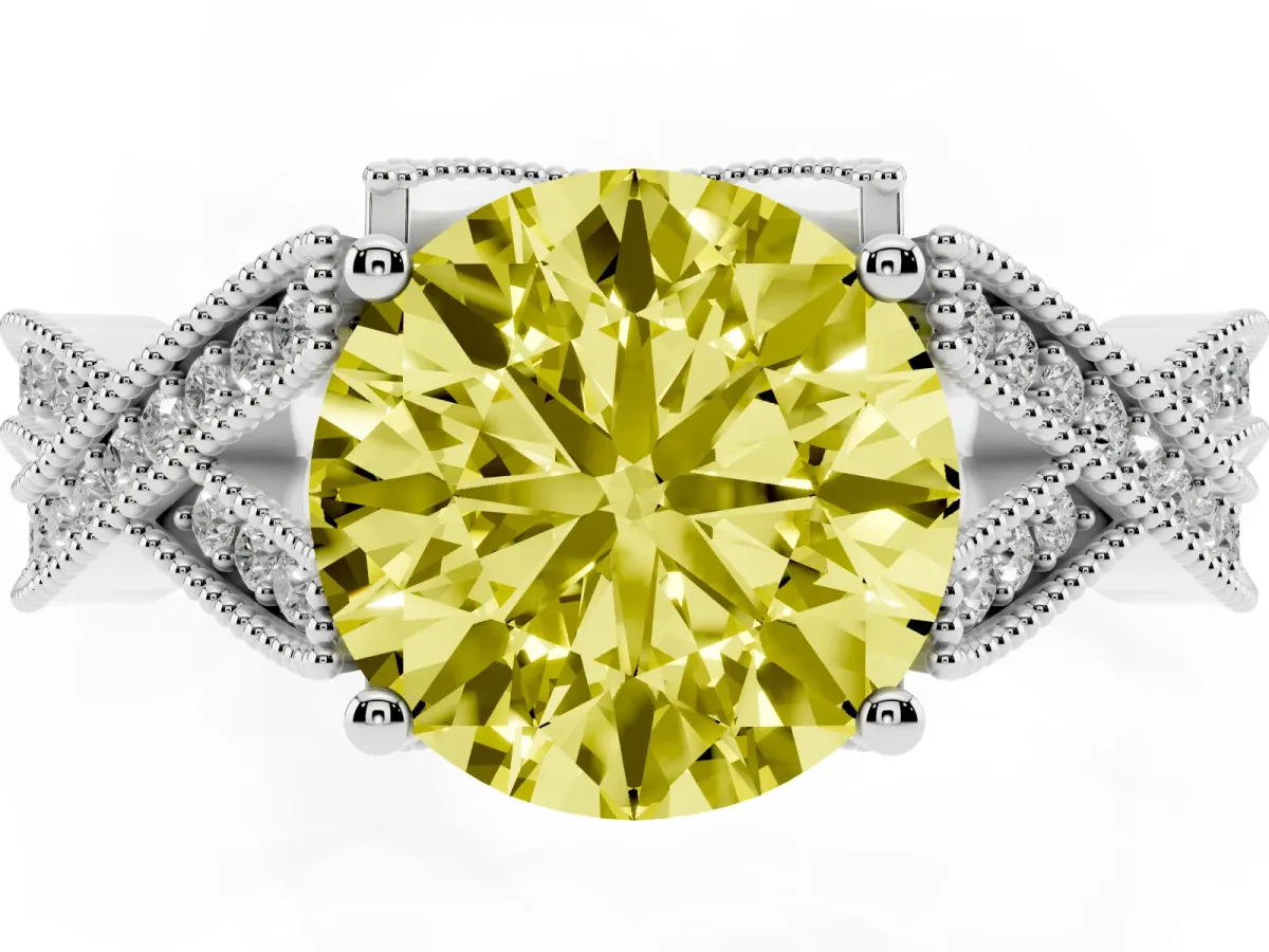 Fancy Yellow Round Cut Cut Diamond Twisted Band with Milgrain Pave Setting and Four-Prong Setting Silver