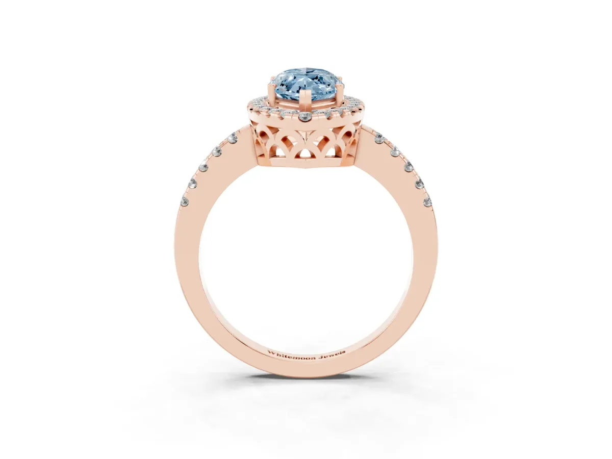 Fancy Blue Marquise Cut Halo Diamond Engagement Ring with Pavé Band and Four-Prong Setting Rose gold