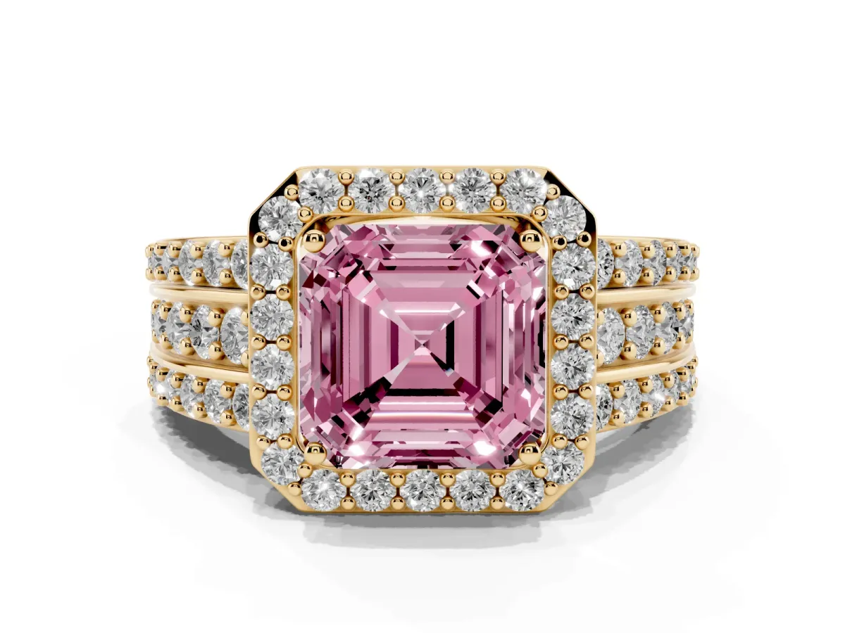 Fancy Pink Asscher Cut Halo Diamond Ring with Round Split Shank and Prong Setting Yellow gold