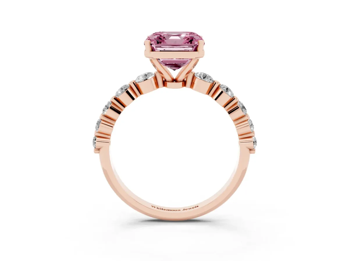 Fancy Pink Asscher Cut Solitaire Diamond Ring with Pave Band and Four-Prong Setting Rose gold