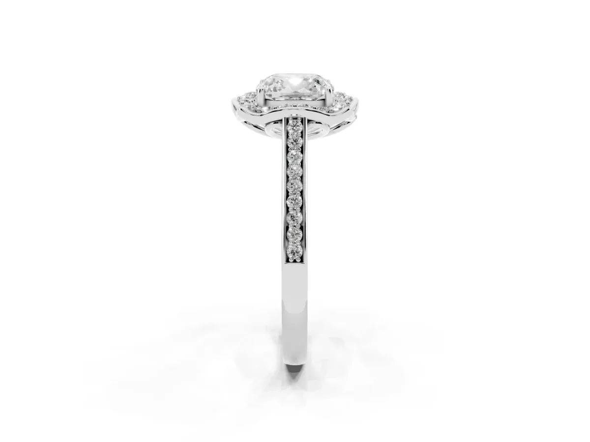 Cushion Cut Halo Round Diamond Pave Band with Four-Prong Setting Silver