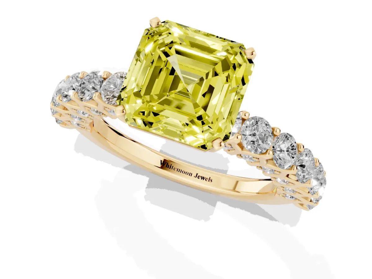 Fancy Yellow Asscher Cut Diamond Solitaire Ring with Shared Prong Pavé Band and Four-Prong Setting Yellow gold