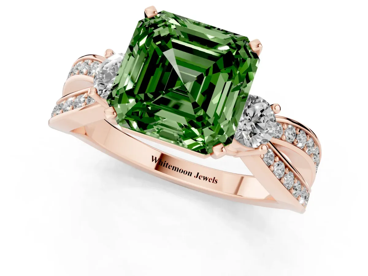 Fancy Green Three-Stone Asscher Cut Cut Diamond Twist Band with Prong Setting Rose gold