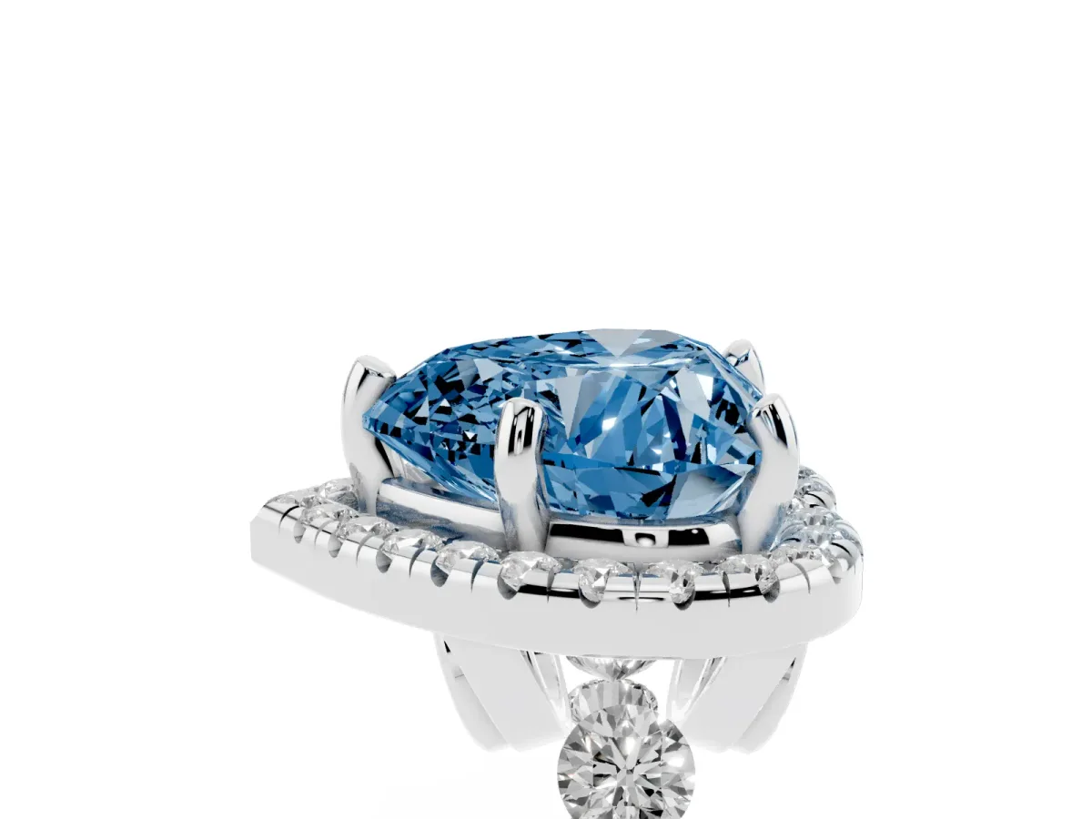 Fancy Blue Heart Cut Halo Pavé Diamond Engagement Ring with Four-Prong Setting Silver