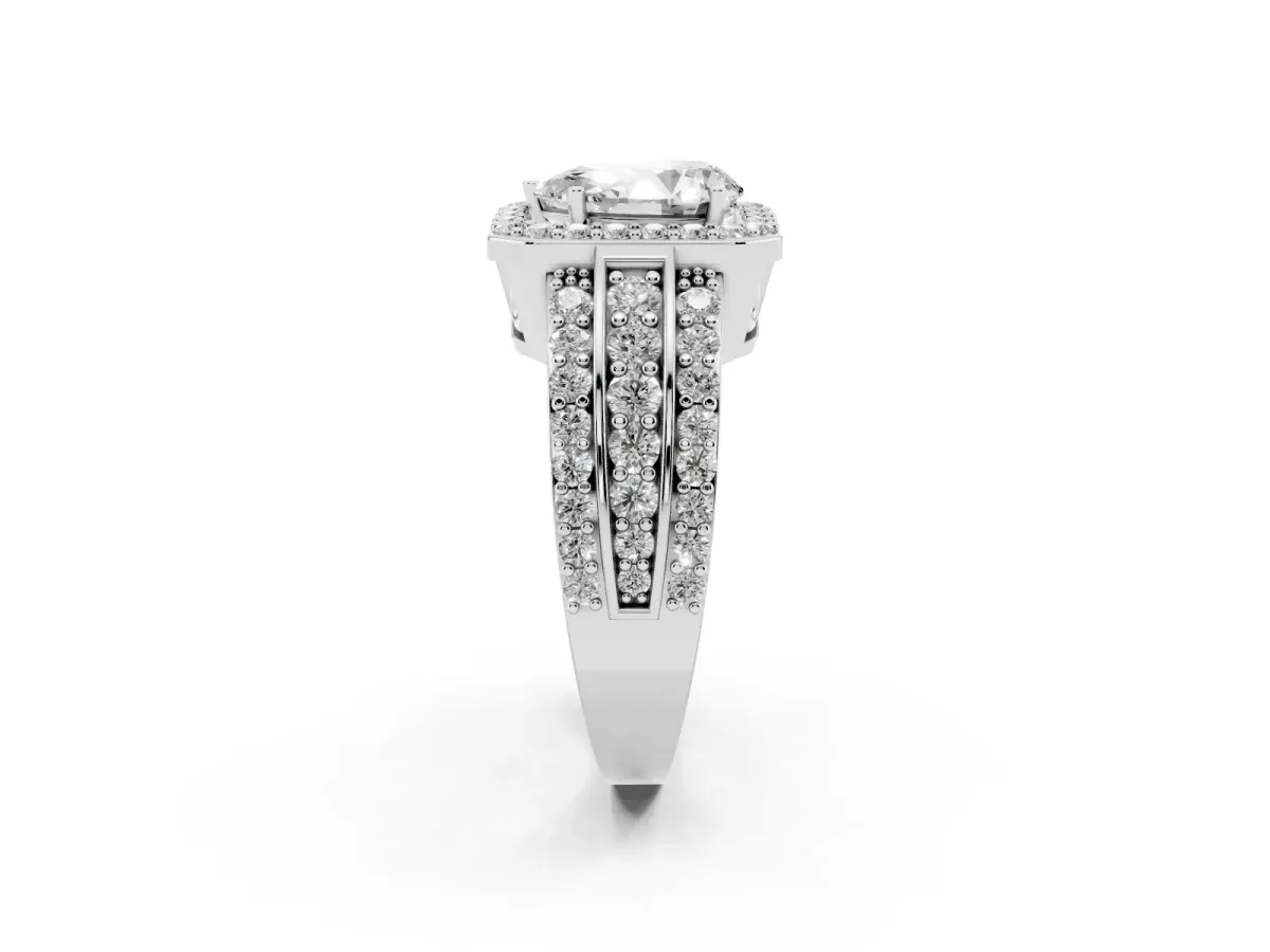 Pear Cut Halo Diamond Ring with Round Split Shank and Prong Setting White gold