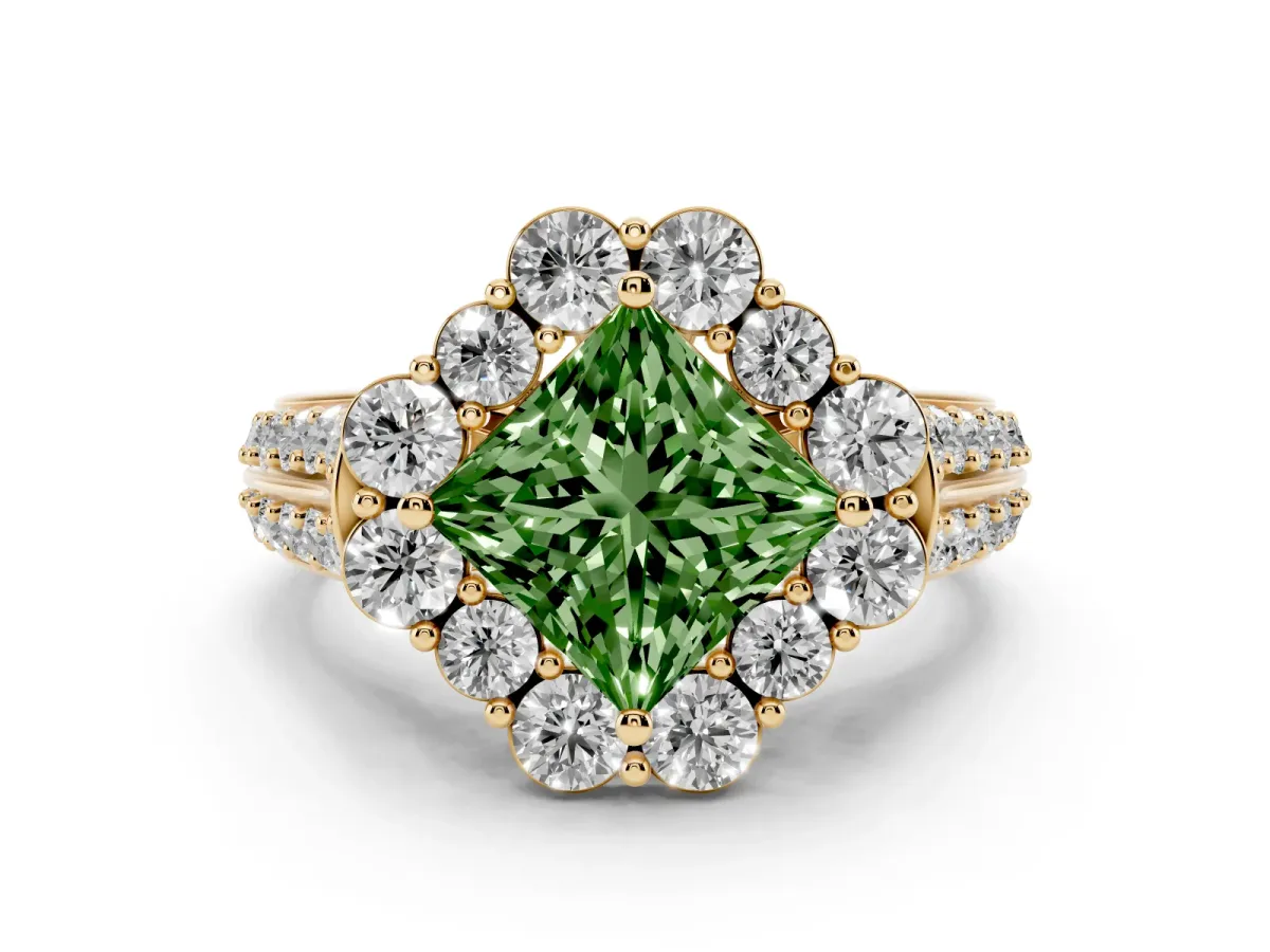 Fancy Green Princess Cut Halo Diamond Engagement Ring with Split Shank and Prong Setting Yellow gold