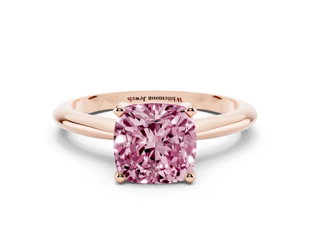 Fancy Pink Cushion Cut Cut Solitaire Ring with Four-Prong Setting on a Classic Band Rose gold