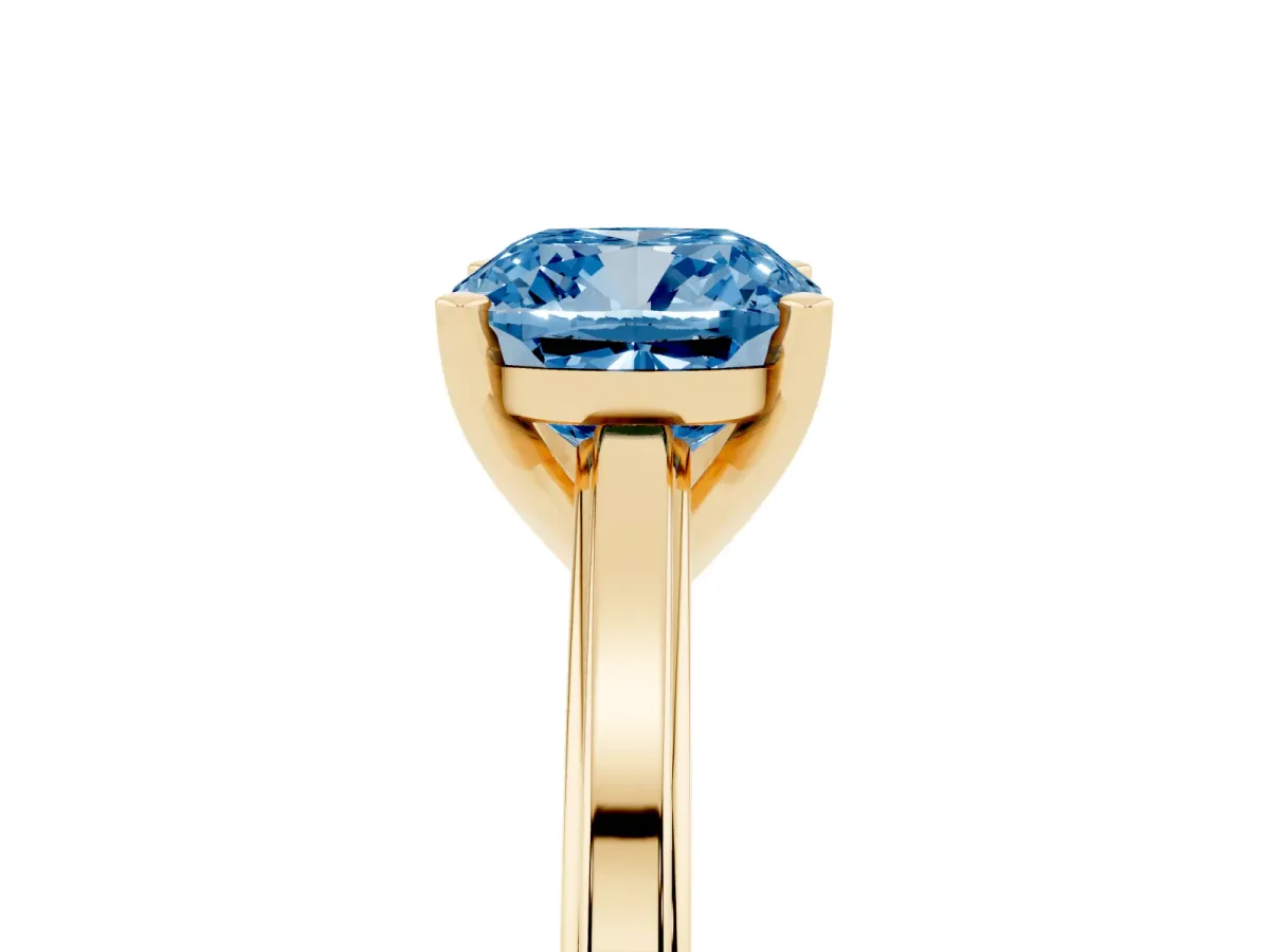 Fancy Blue Cushion Cut Solitaire Diamond Ring with Four-Prong Setting and Classic Band Yellow gold