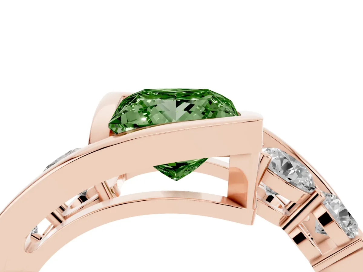 Fancy Green Bezel Set Princess Cut Diamond Bypass Ring with Round Accents Rose gold