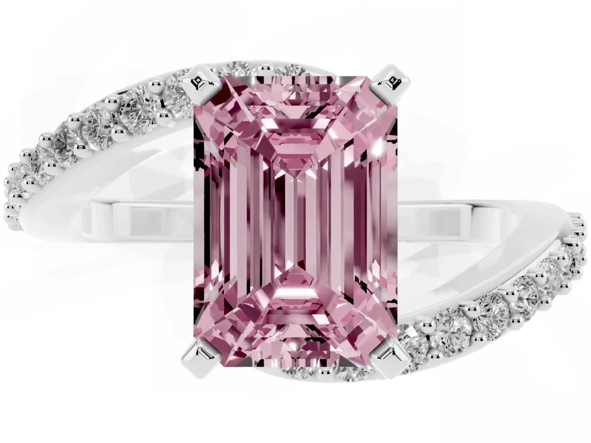 Fancy Pink Emerald Cut Solitaire Twist Band with Pave Set Diamonds and Four-Prong Setting Silver