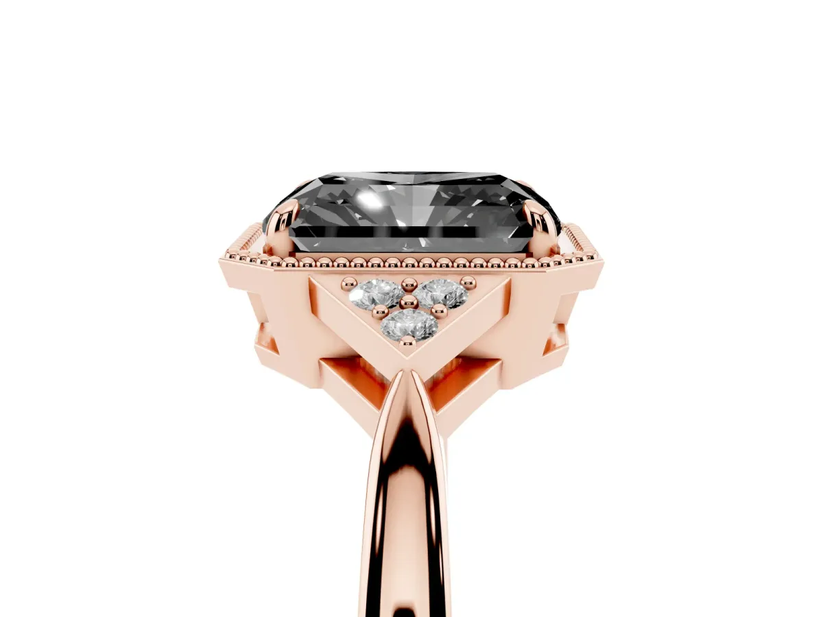 Fancy Black Hexagonal Halo Radiant Cut Diamond Solitaire with Pavé Band and Four-Prong Setting Rose gold