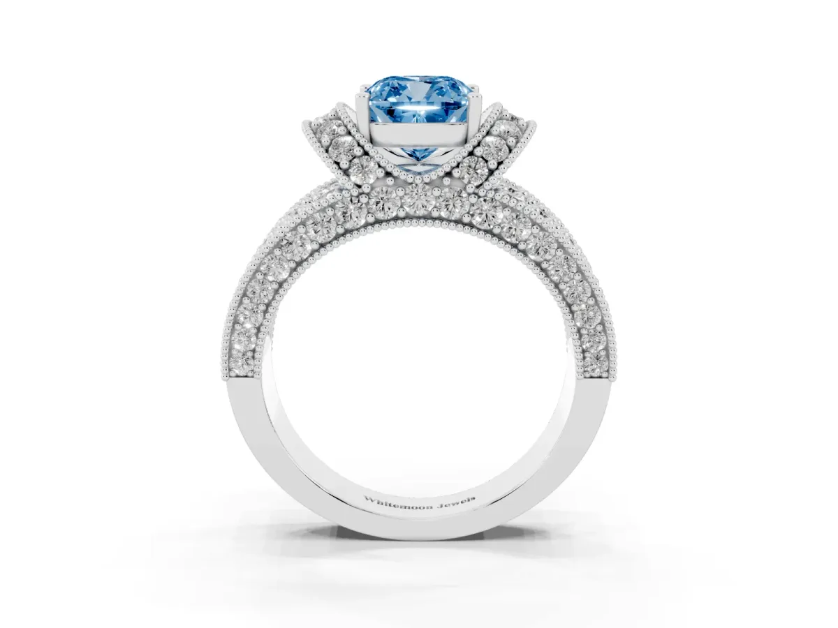 Fancy Blue Cushion Cut Halo Pave Diamond Engagement Ring with Milgrain Detailing Platinum