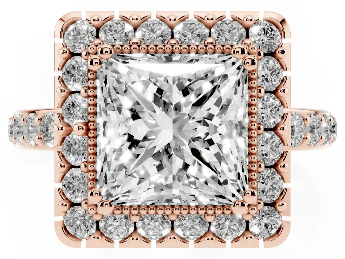 Princess Cut Diamond Halo Ring with Pavé Band and Prong Setting Rose gold