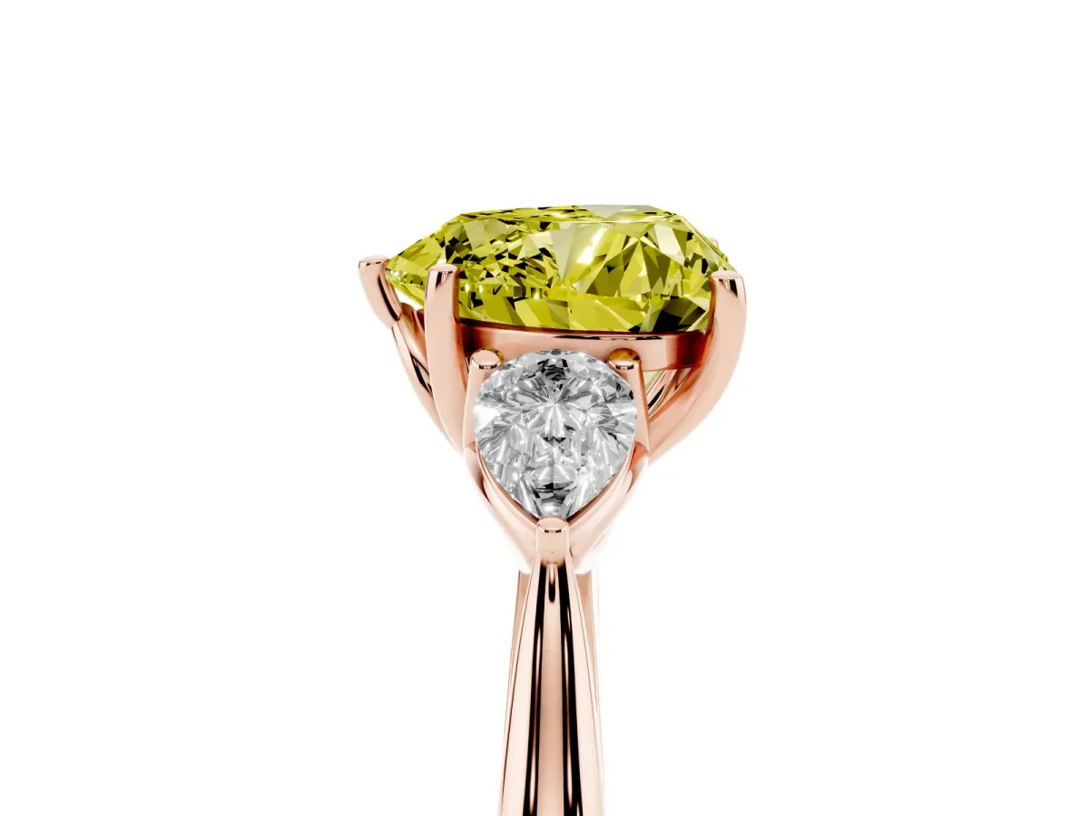 Fancy Yellow Heart Cut Diamond Three-Stone Ring with Pear Side Stones and Prong Setting Rose gold