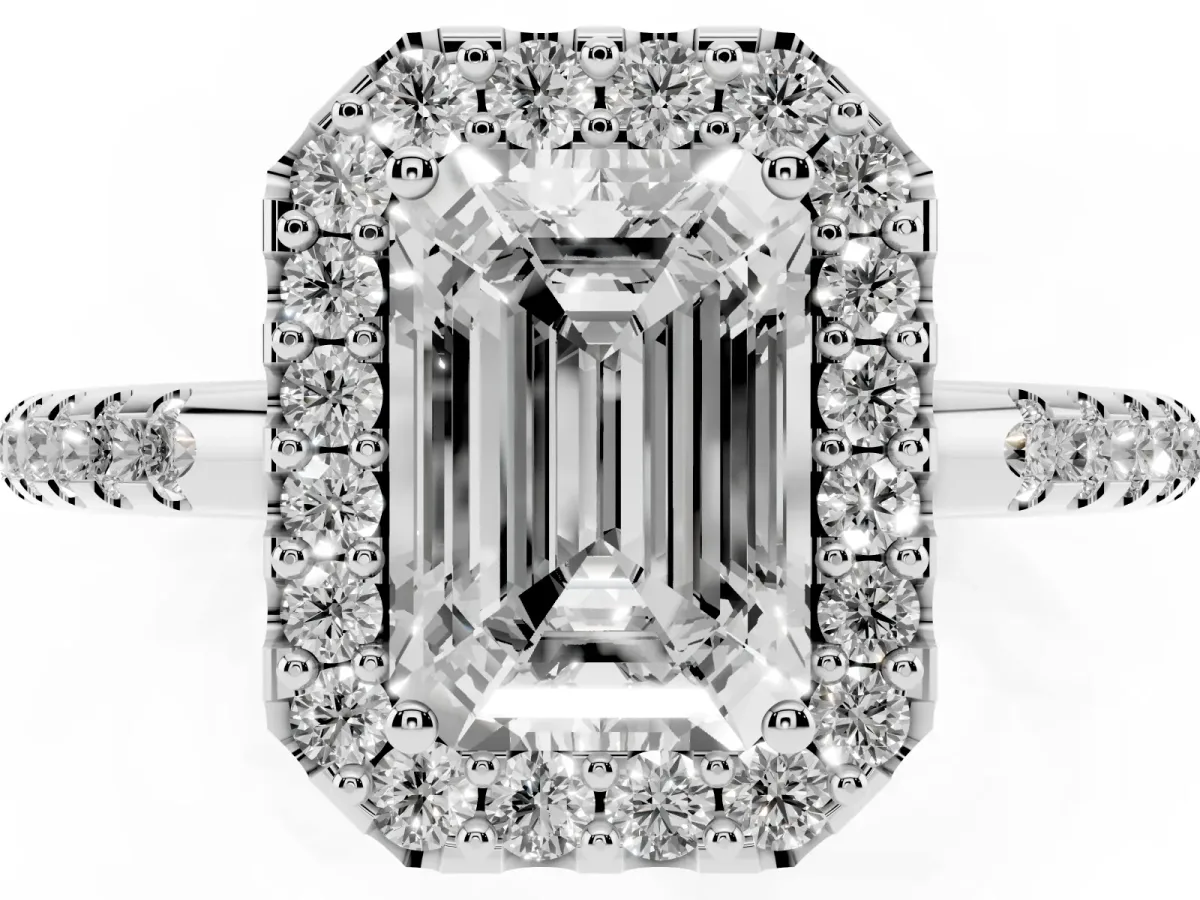 Emerald Cut Diamond Pavé Halo Ring with Four-Prong Setting Silver