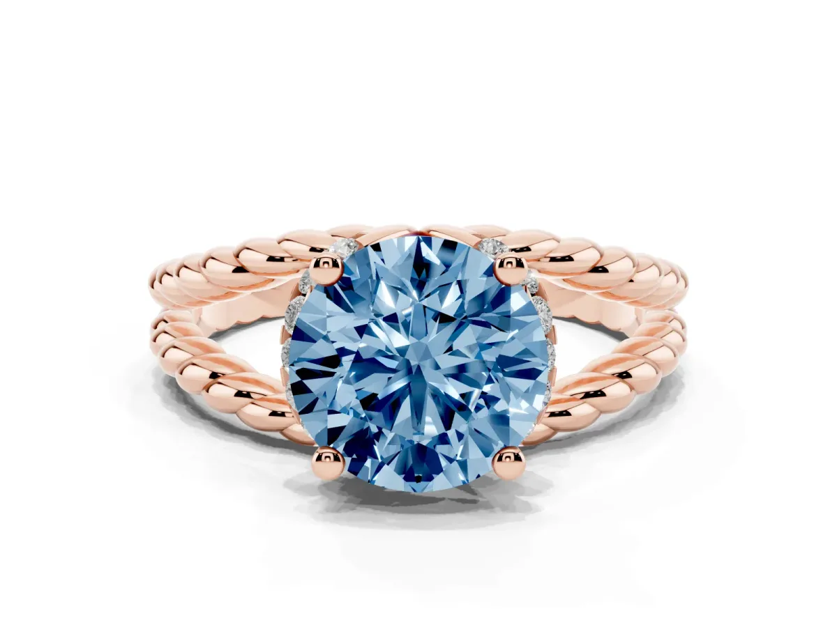 Fancy Blue Round Cut Halo Twisted Band Four-Prong Ring Rose gold