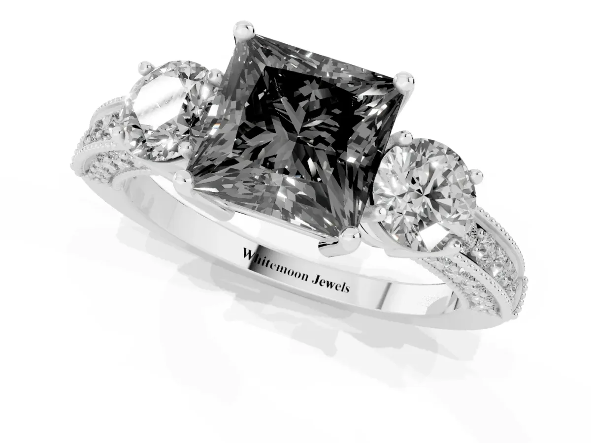 Fancy Black Princess Cut Three-Stone Diamond Ring with Pavé Band and Four-Prong Setting Silver