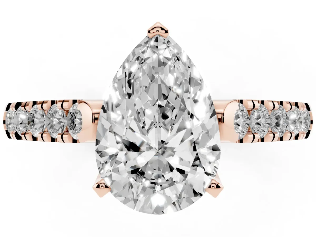 Pear Cut Diamond Pavé Band Solitaire Ring with Prong Setting Rose gold