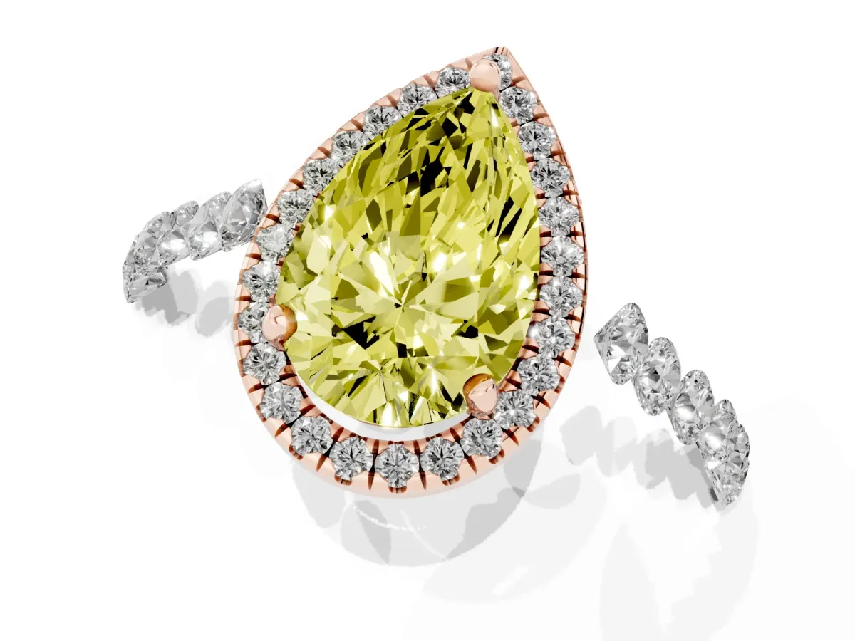 Fancy Yellow Pear Cut Halo Pavé Diamond Engagement Ring with Four-Prong Setting Rose gold