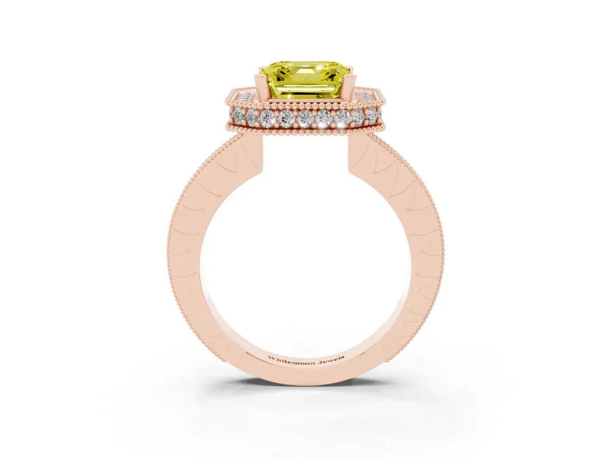 Fancy Yellow Asscher Cut Diamond Milgrain Halo Engagement Ring with Round Pavé Band and Prong Setting Rose gold