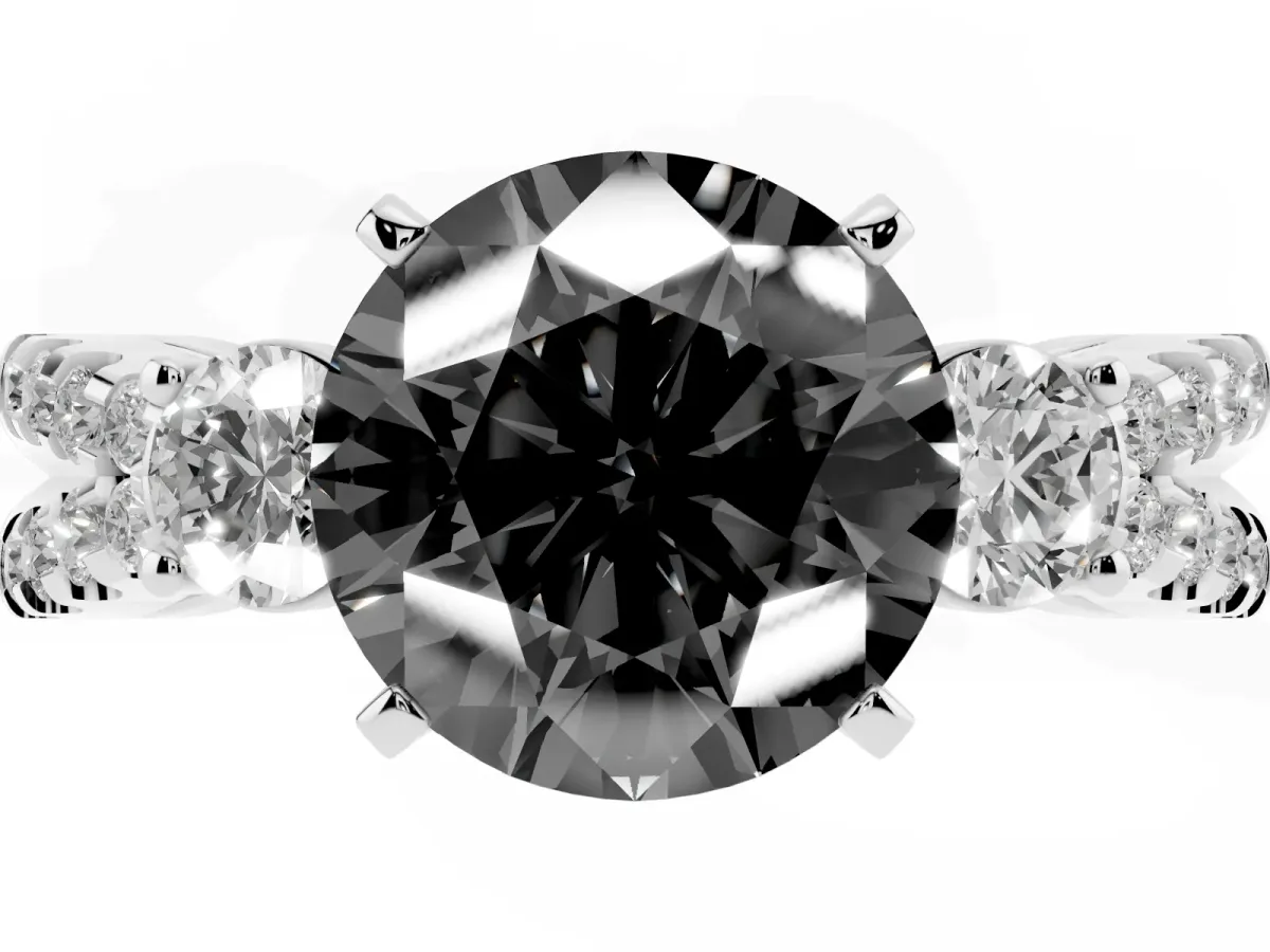 Fancy Black Round Cut Diamond Three-Stone Ring with Pavé Split Shank and Four-Prong Setting Silver