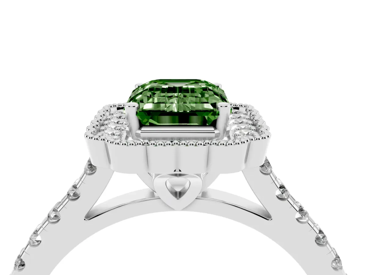 Fancy Green Emerald Cut Cut Diamond Milgrain Floral Halo Engagement Ring with Pavé Band Platinum