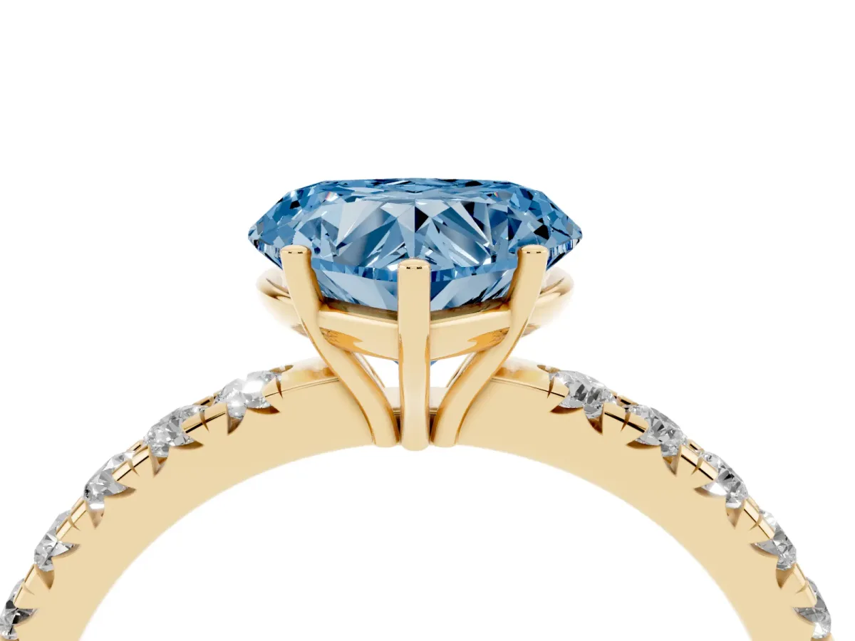 Fancy Blue Heart Cut Diamond Pavé Solitaire Engagement Ring with Four-Prong Setting Yellow gold