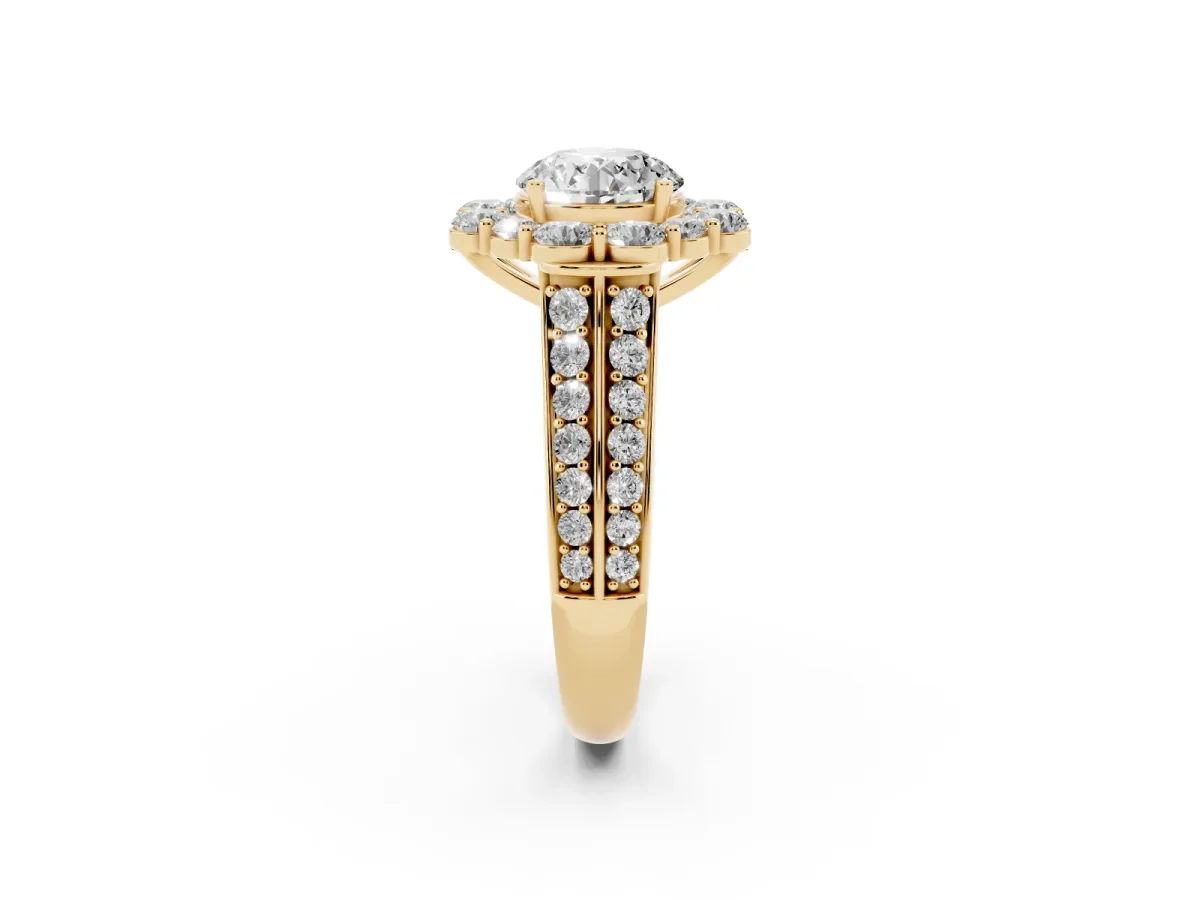 Round Cut Halo Diamond Engagement Ring with Split Shank and Prong Setting Yellow gold