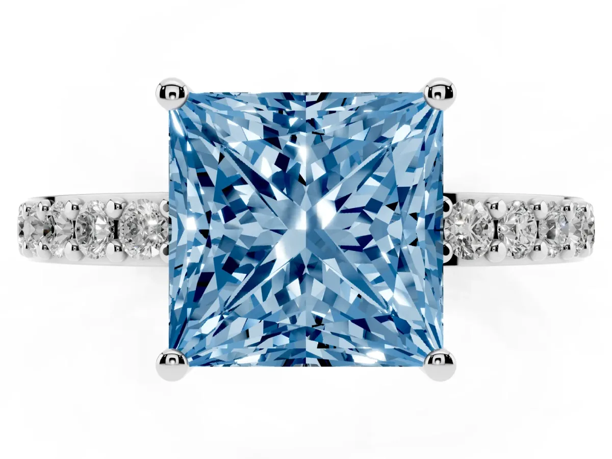Fancy Blue Princess Cut Cut Diamond Solitaire with Pave Band and Four-Prong Setting Platinum