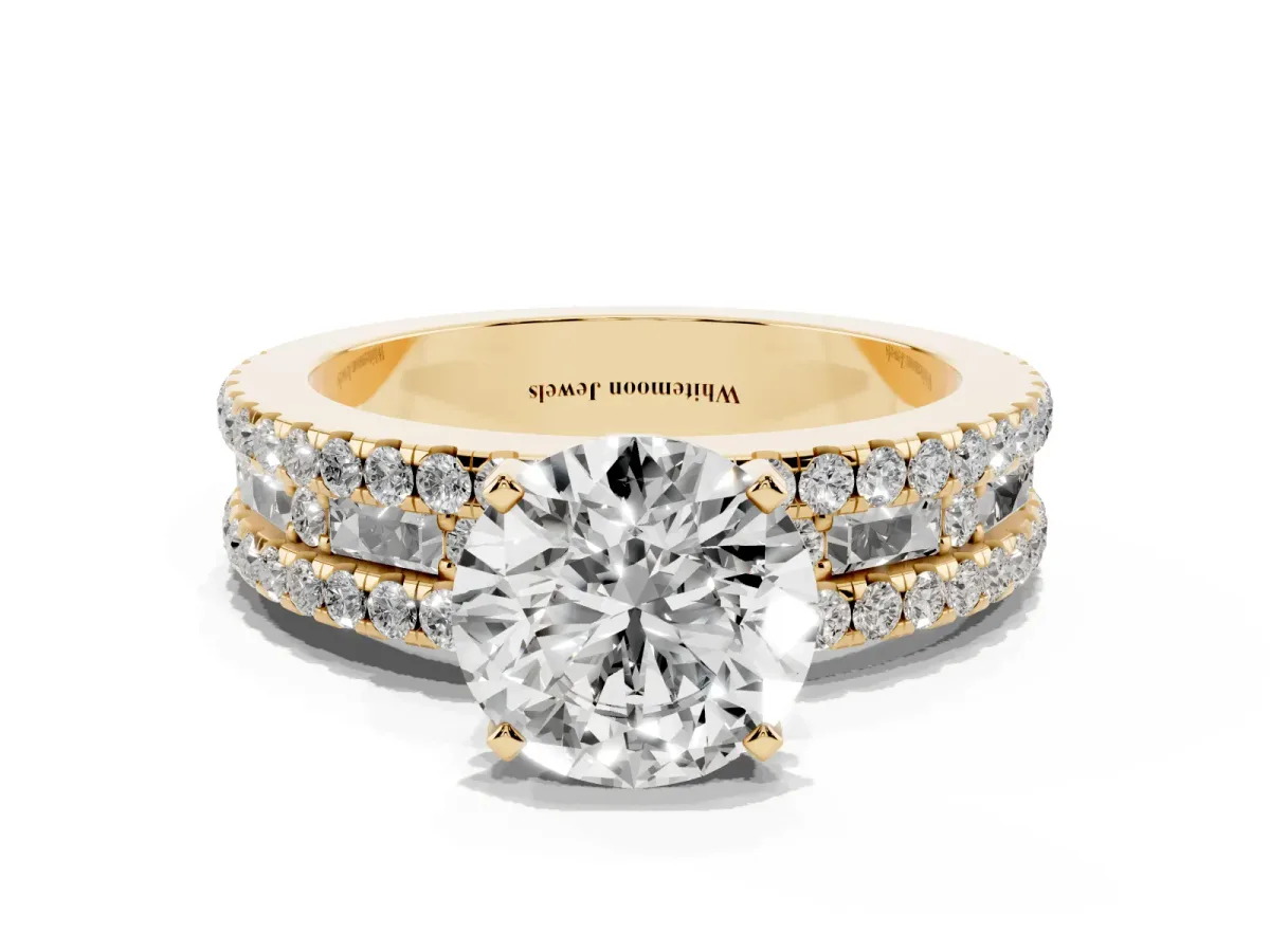 Round Cut Diamond Solitaire Ring with Pavé and Channel Set Band Yellow gold
