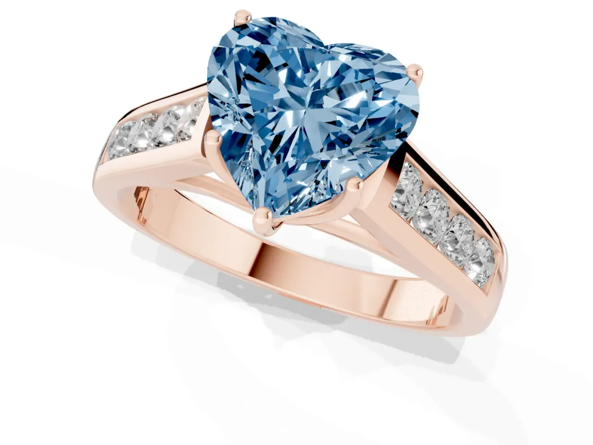 Fancy Blue Heart Cut Solitaire Channel-Set Diamond Engagement Ring with Four-Prong Setting Rose gold