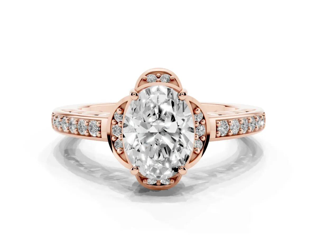 Oval Cut Cut Halo Diamond Ring with Channel Set Band and Four-Prong Setting Rose gold