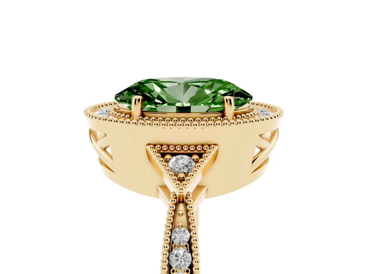 Fancy Green Oval Cut Halo Round Diamond Milgrain Pave Engagement Ring Yellow gold