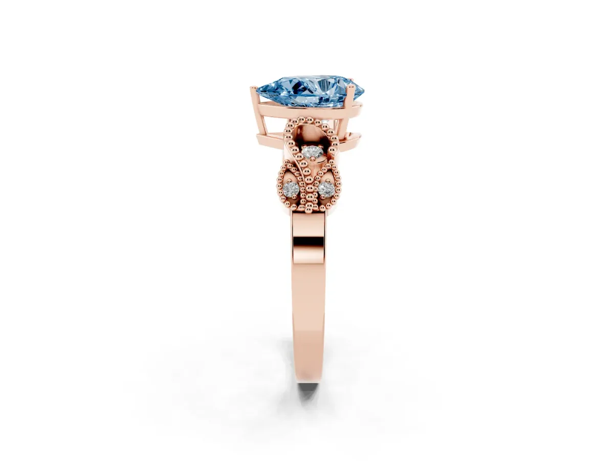 Fancy Blue Pear Cut Solitaire Milgrain Leaf Band with Prong Setting Rose gold