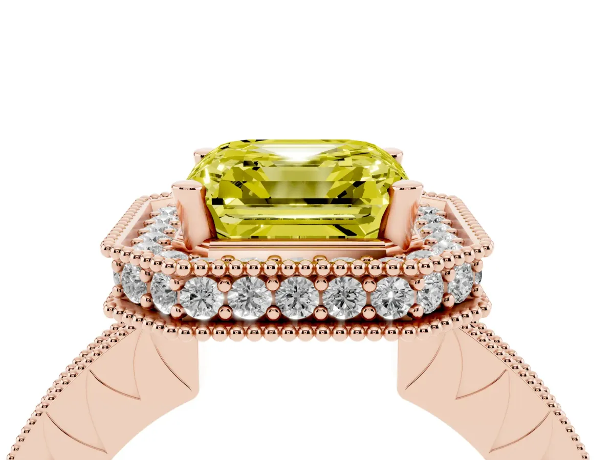 Fancy Yellow Asscher Cut Diamond Milgrain Halo Engagement Ring with Round Pavé Band and Prong Setting Rose gold