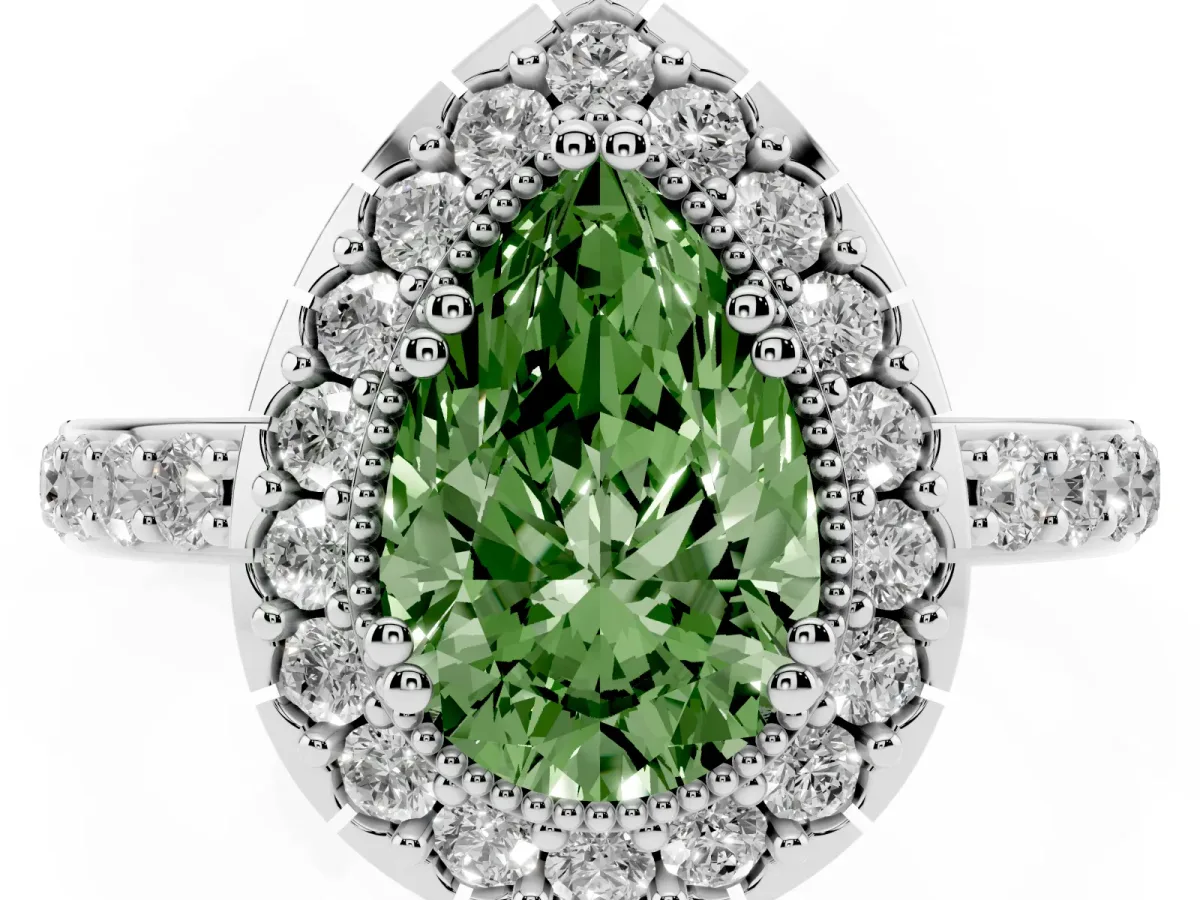 Fancy Green Pear Cut Diamond Halo Ring with Pavé Band and Prong Setting Silver