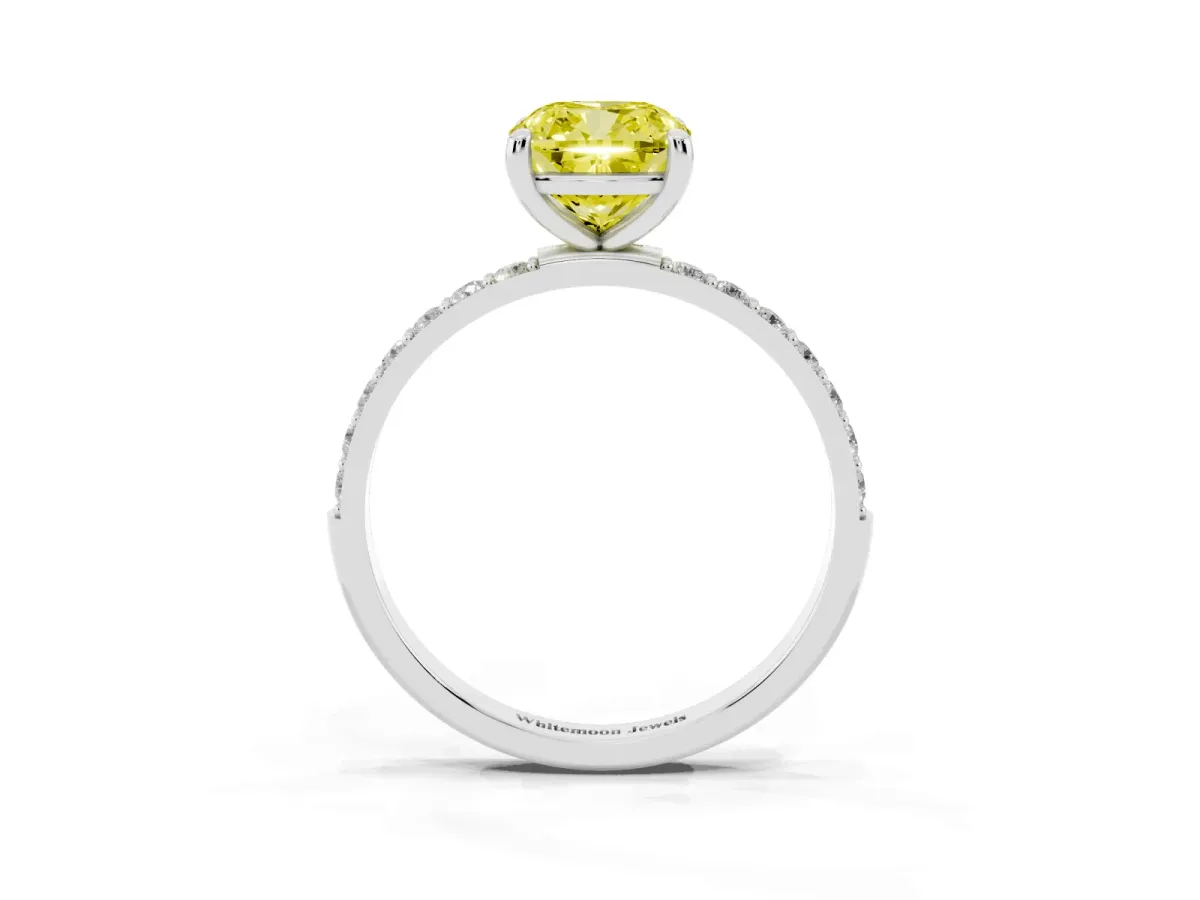 Fancy Yellow Cushion Cut Diamond Solitaire Ring with Round Pavé Band and Prong Setting Silver