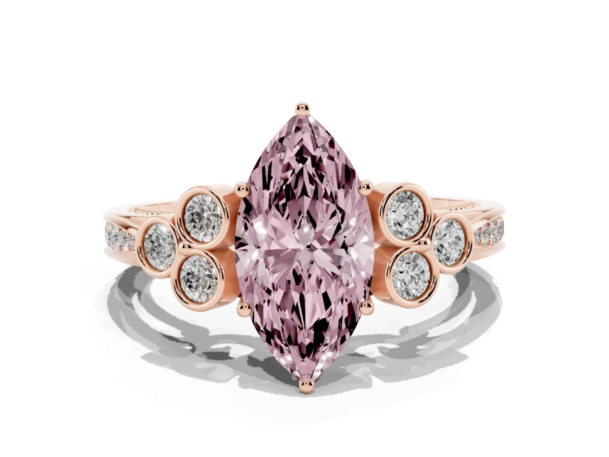 Fancy Pink Marquise Cut Cut Diamond Engagement Ring with Bezel Set Round Side Stones and Prong Setting Rose gold