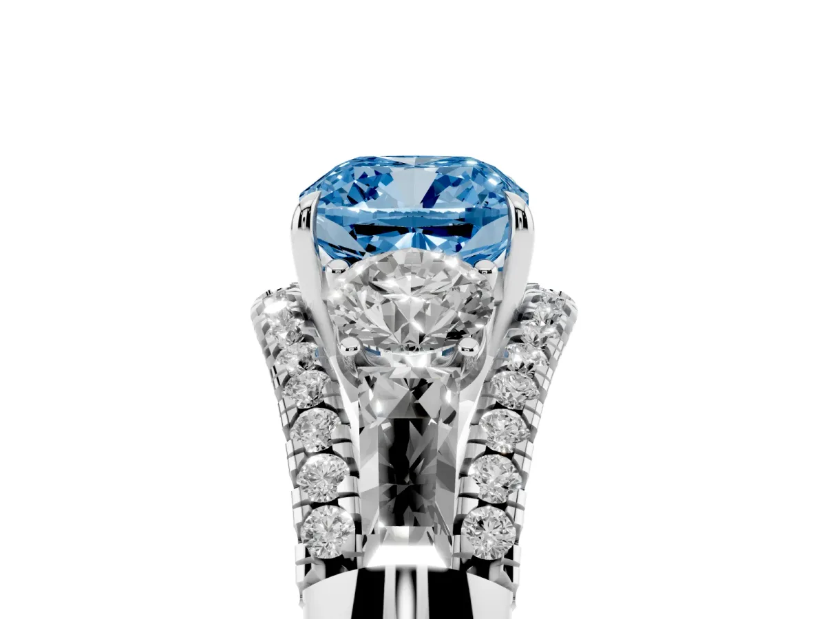 Fancy Blue Three-Stone Cushion Cut Diamond Engagement Ring with Pave Band and Prong Setting Platinum