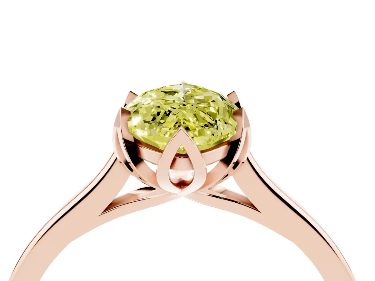 Fancy Yellow Marquise Cut Diamond Solitaire Ring with Flower Prong Setting and Classic Band Rose gold