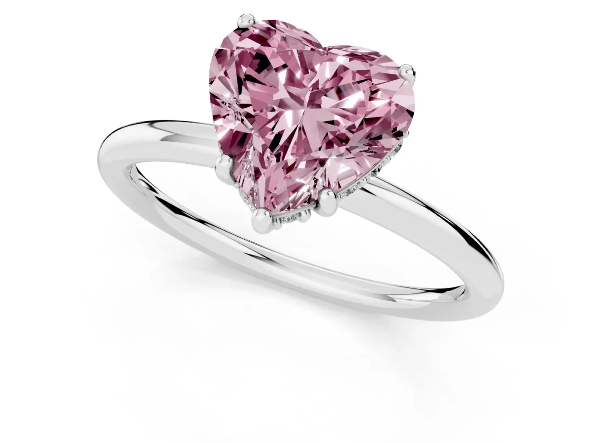 Fancy Pink Heart Cut Solitaire Diamond Ring with a Classic Band and Four-Prong Setting Platinum