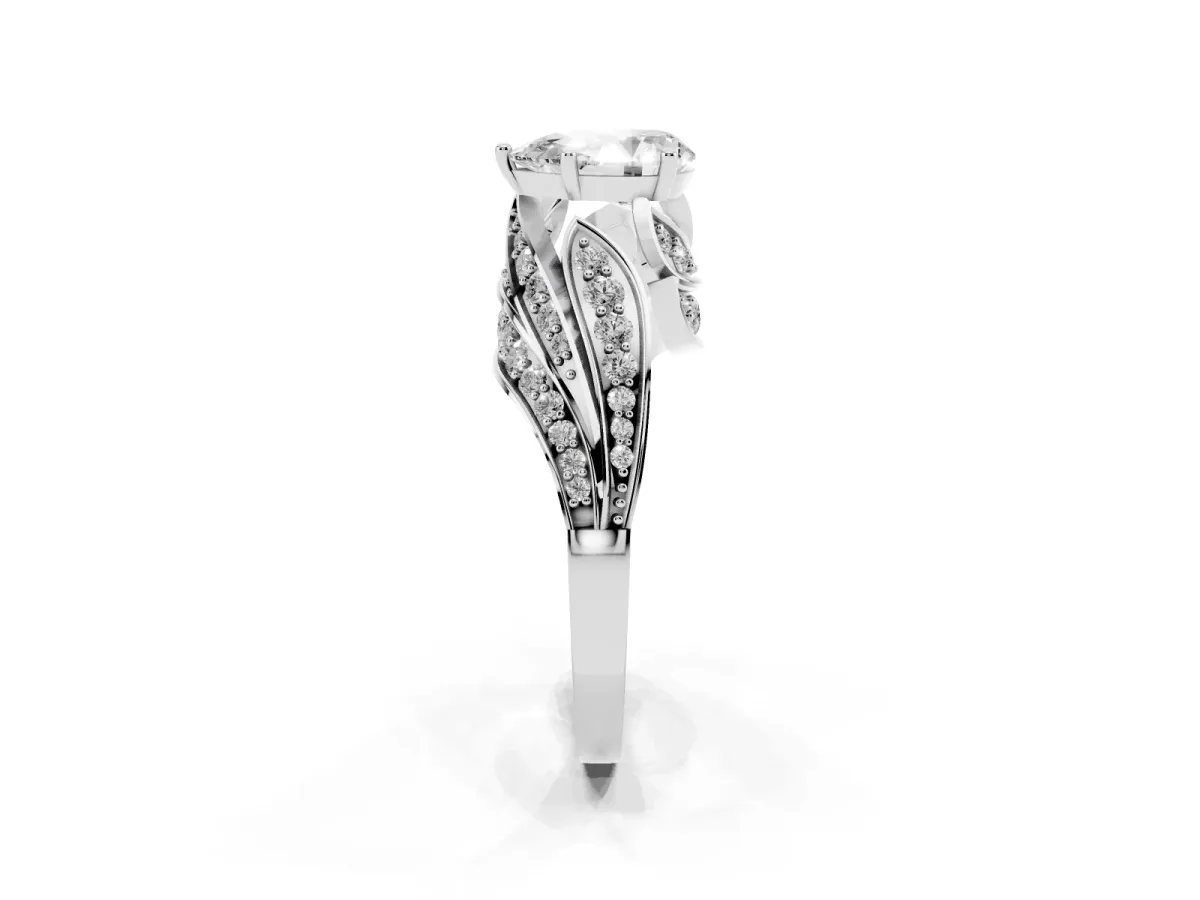 Pear Cut Diamond Solitaire Ring with Prong Setting and Twisted Pavé Band Silver